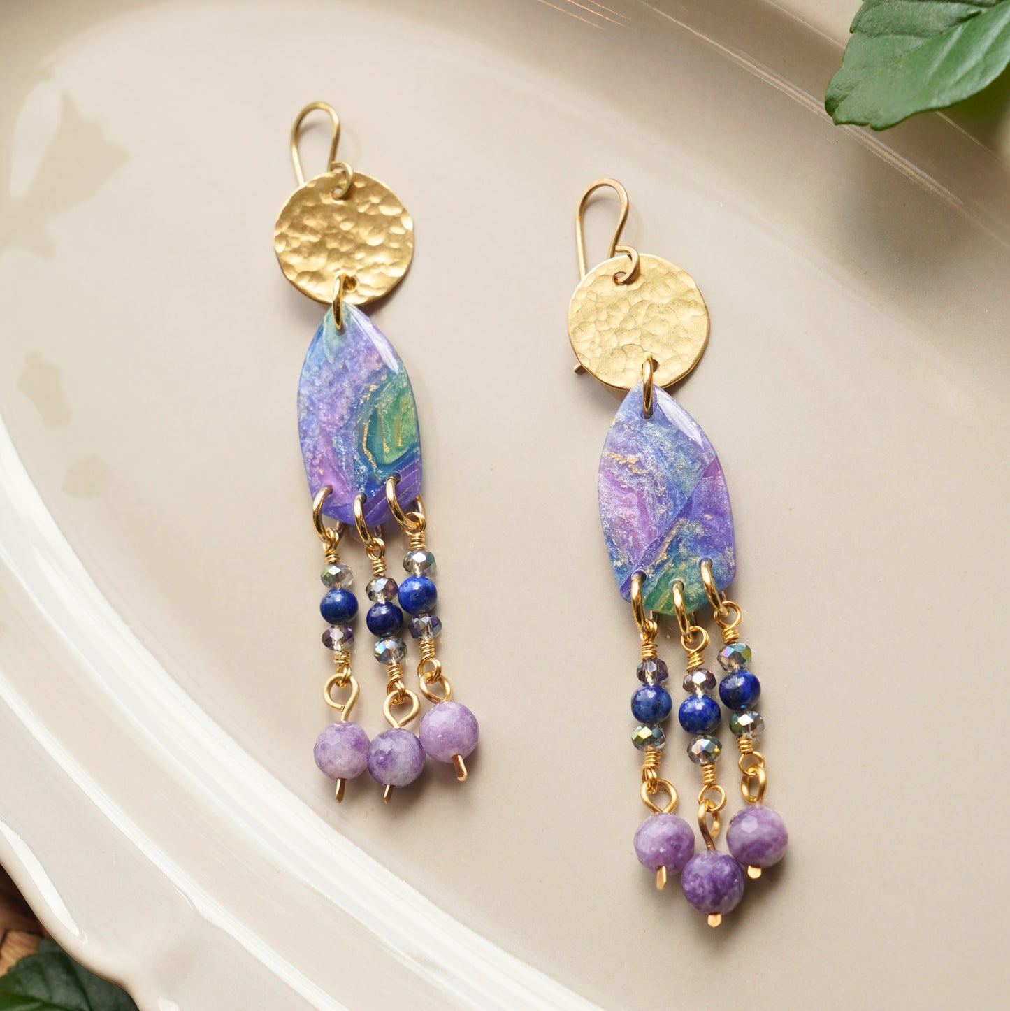 Celestia Earrings – Handcrafted Brass, Lapis Lazuli & Lepidolite Statement Dangles