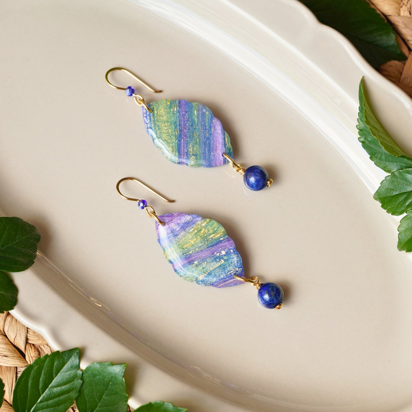 Nocturne Earrings – Handmade Brass & Lapis Lazuli Polymer Clay Statement Earrings