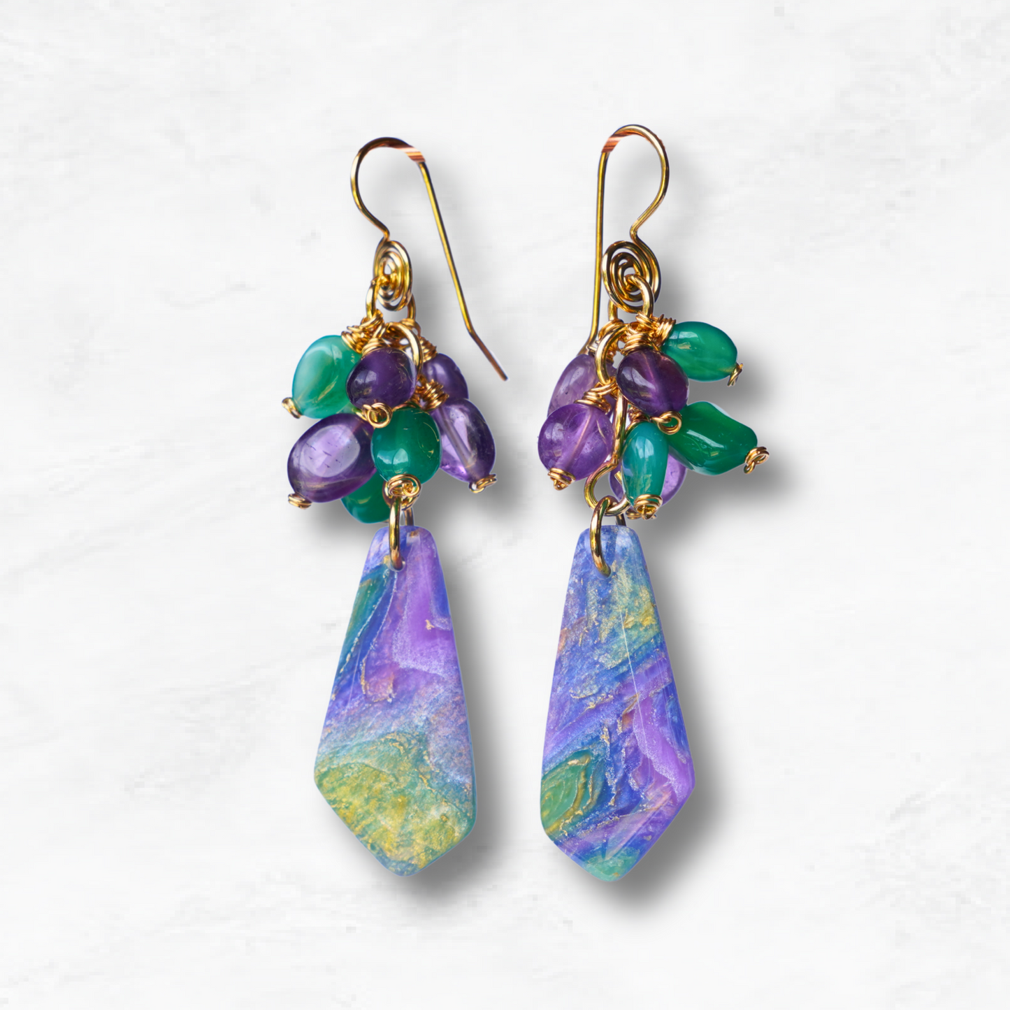 Elunara Earrings – Amethyst & Green Aventurine Artisan Clay Dangles