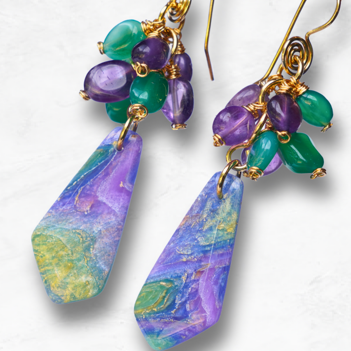 Elunara Earrings – Amethyst & Green Aventurine Artisan Clay Dangles