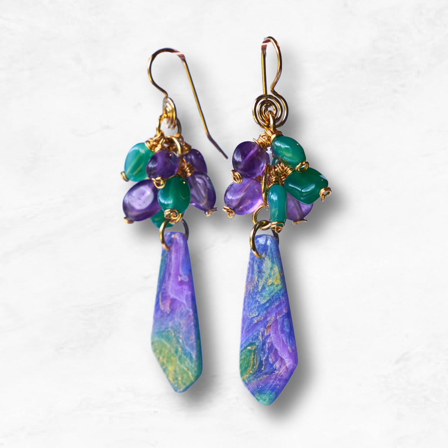 Elunara Earrings – Amethyst & Green Aventurine Artisan Clay Dangles