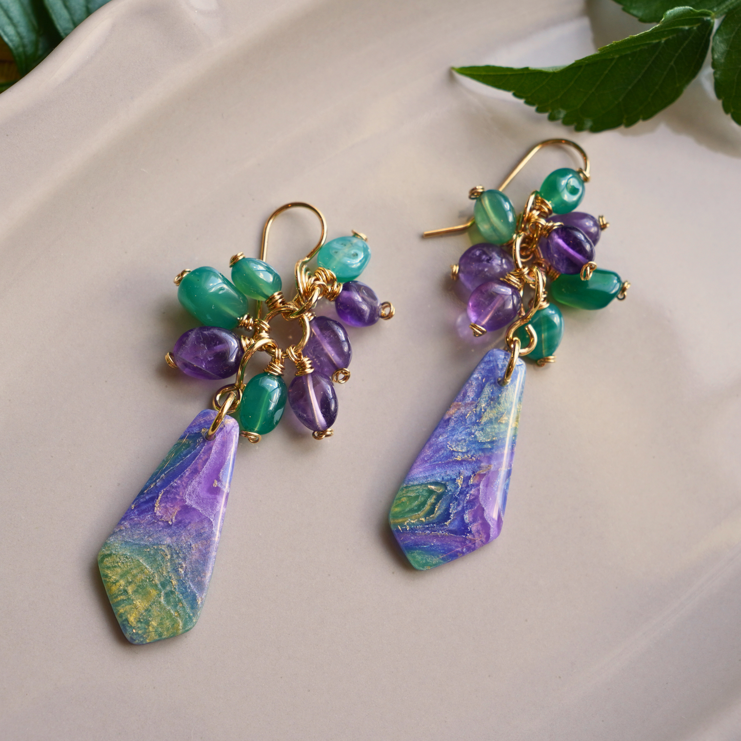Elunara Earrings – Amethyst & Green Aventurine Artisan Clay Dangles