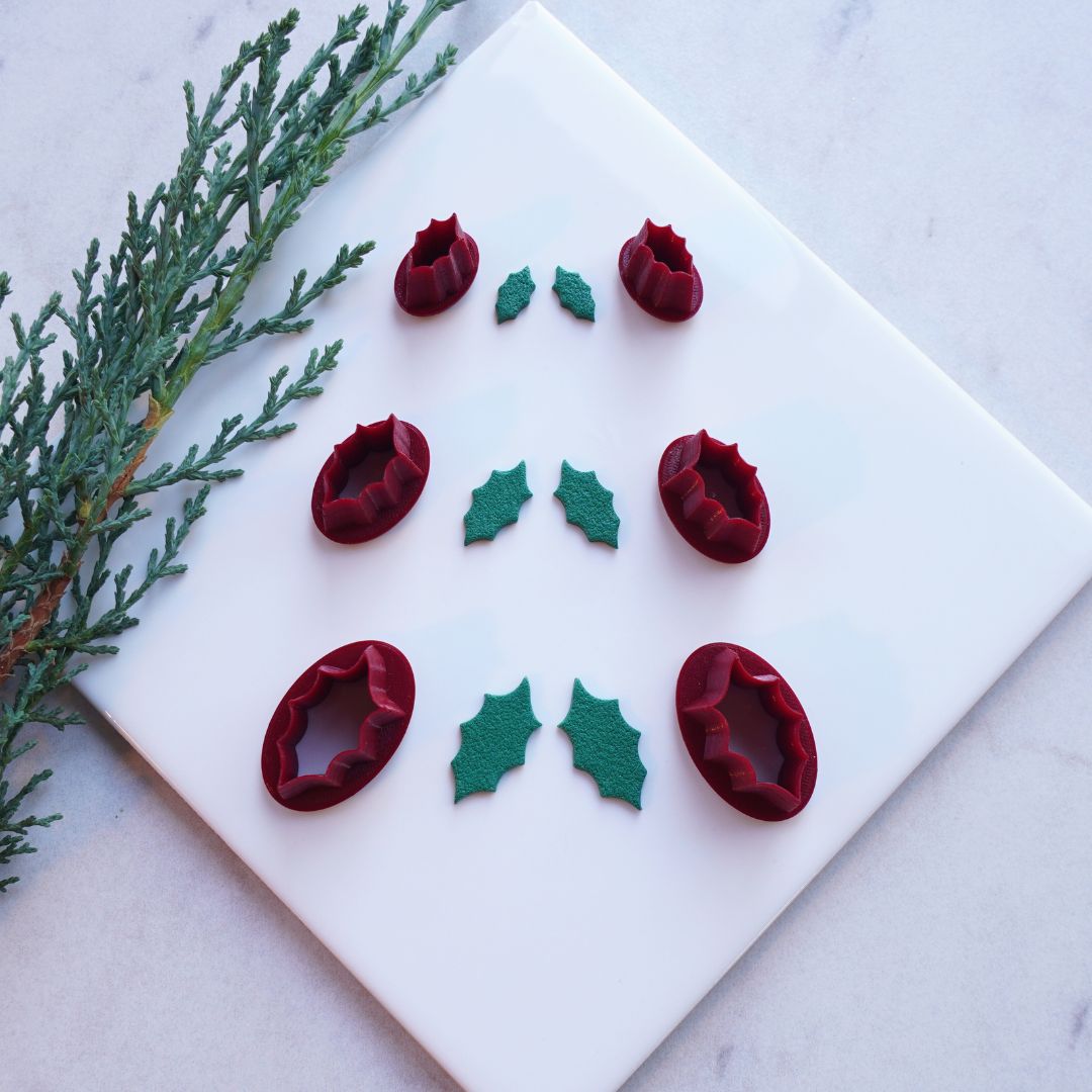 Mirrored Holly Berry Leaf Clay Cutter Set for Symmetrical Earrings and Holiday Crafts