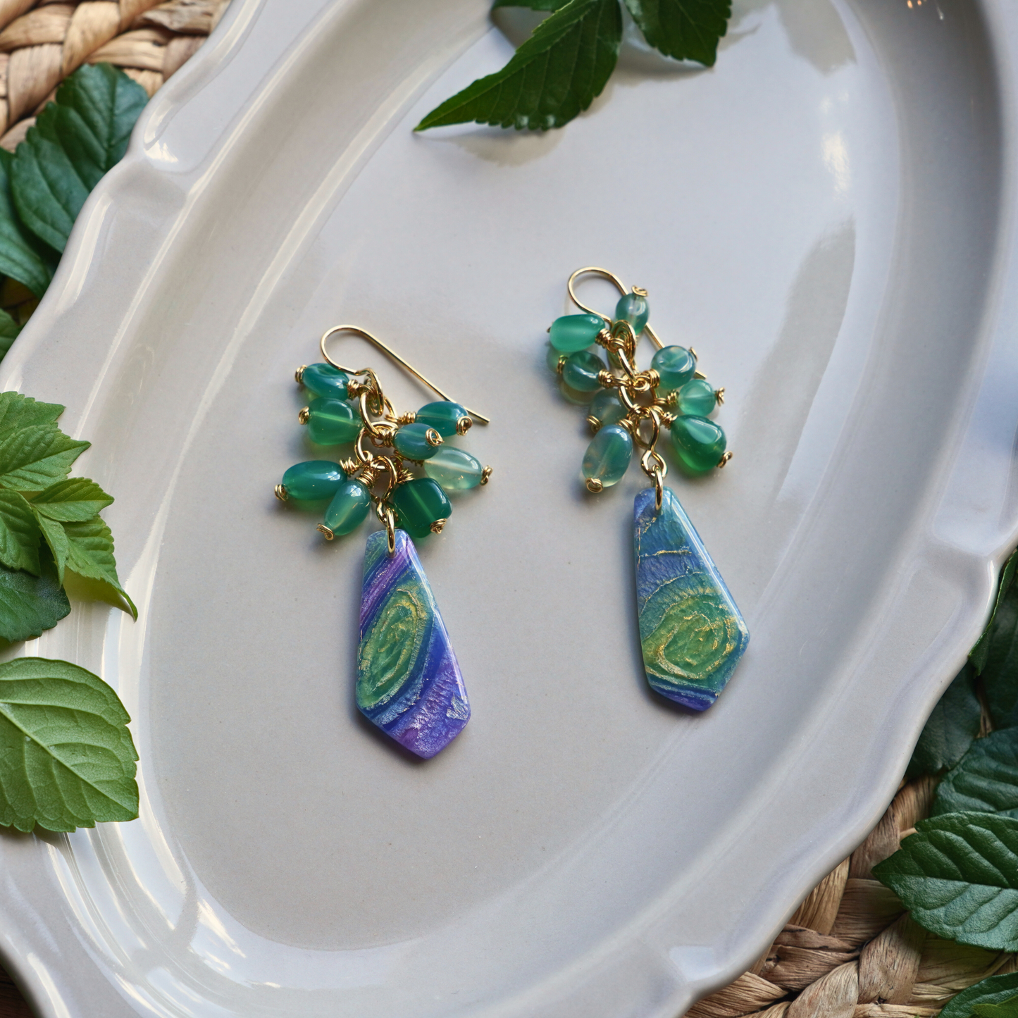 Sylvara Earrings – Green Aventurine & Polymer Clay Artisan Dangles