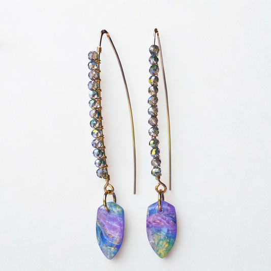 Radiance Shield Earrings – Crystal Wrapped Brass & Polymer Clay Statement Jewelry