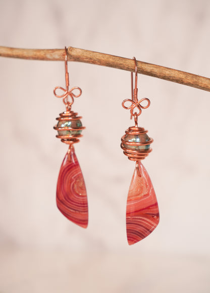 Copper Wrapped Beaded Red Agate Drop Earrings