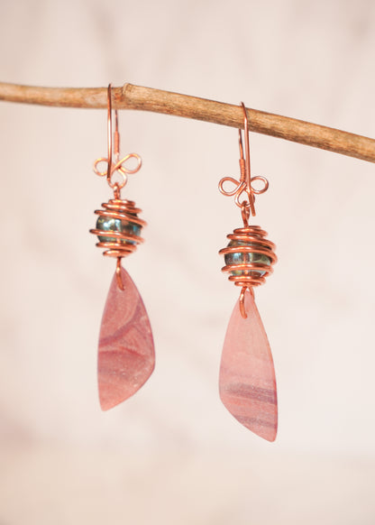 Copper Wrapped Beaded Red Agate Drop Earrings