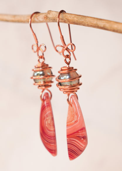 Copper Wrapped Beaded Red Agate Drop Earrings