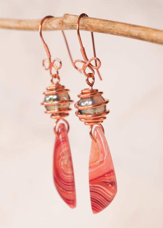Copper Wrapped Beaded Red Agate Drop Earrings