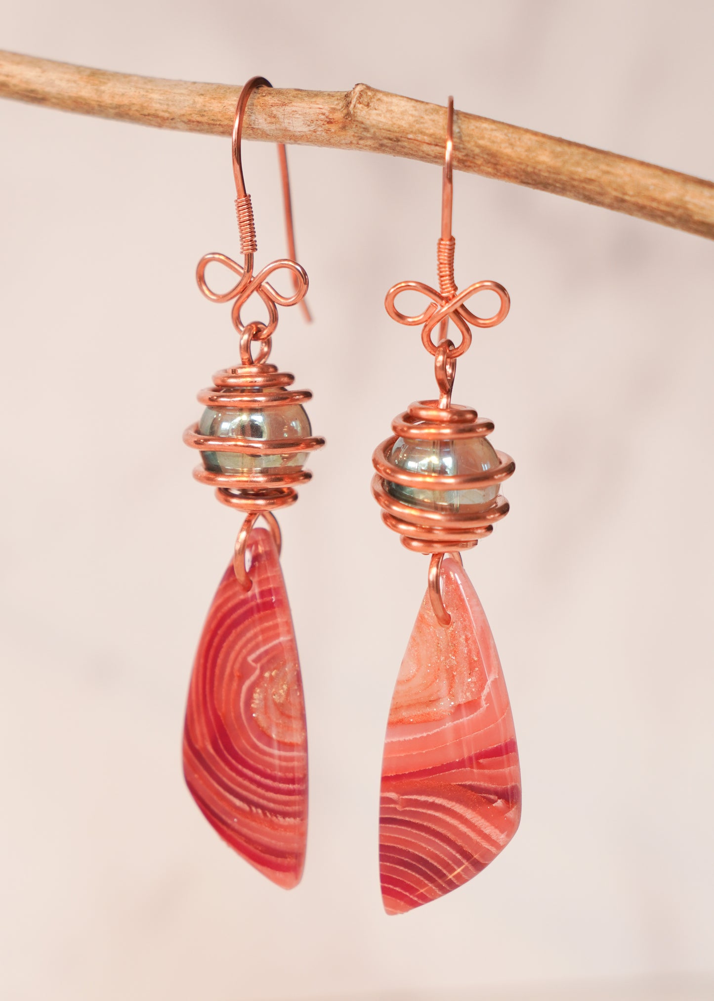 Copper Wrapped Beaded Red Agate Drop Earrings