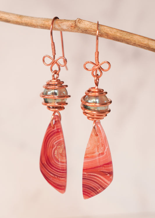 Copper Wrapped Beaded Red Agate Drop Earrings