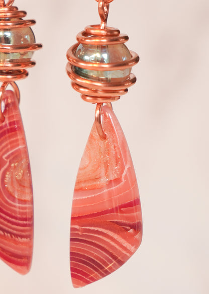Copper Wrapped Beaded Red Agate Drop Earrings