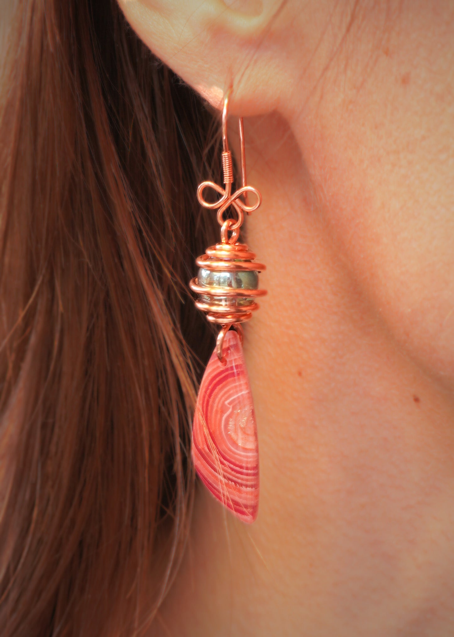 Copper Wrapped Beaded Red Agate Drop Earrings