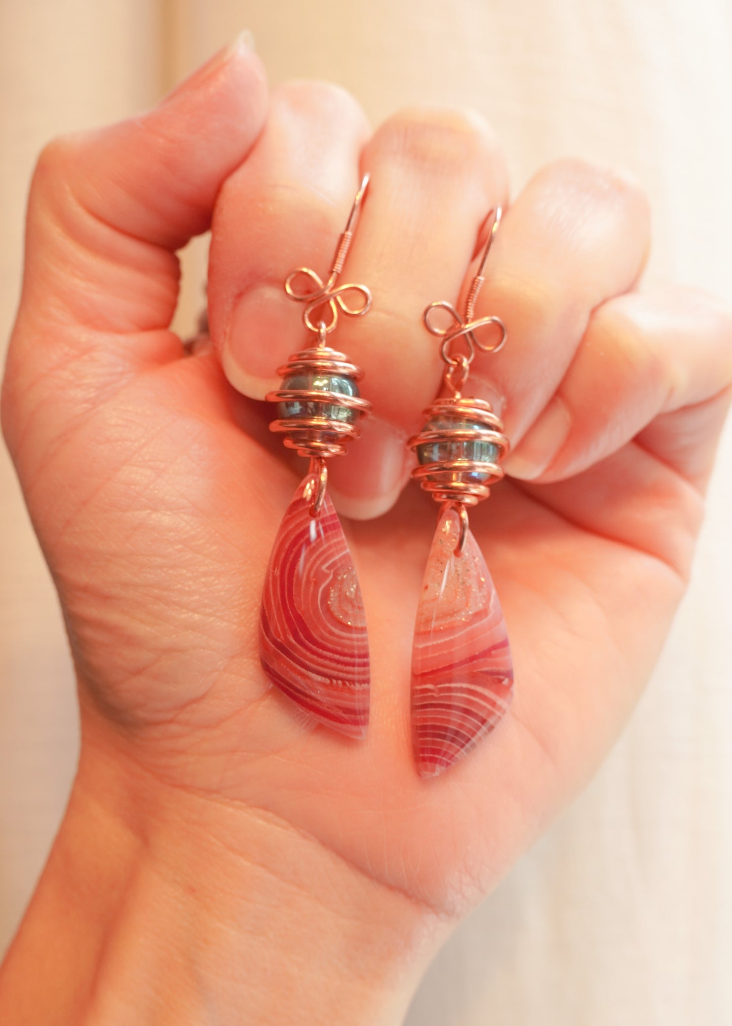 Copper Wrapped Beaded Red Agate Drop Earrings