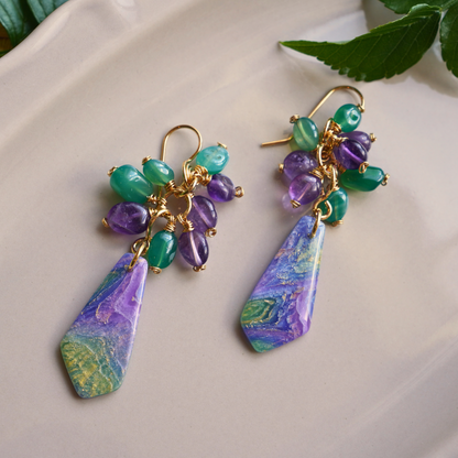 Elunara Earrings – Amethyst & Green Aventurine Artisan Clay Dangles