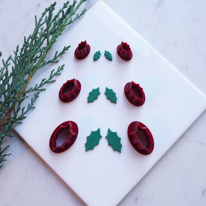 Mirrored Holly Berry Leaf Clay Cutter Set for Symmetrical Earrings and Holiday Crafts