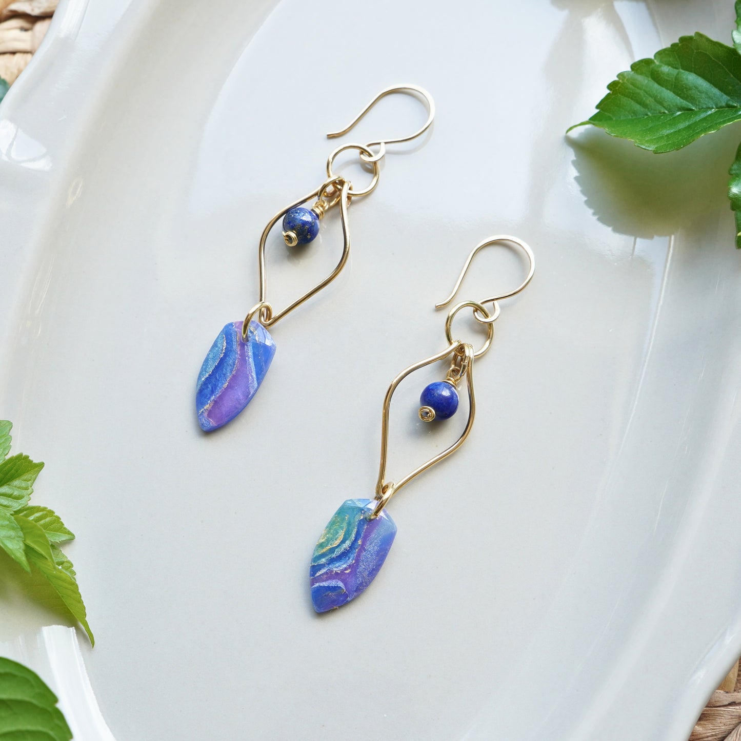 Mystic Canopy Earrings – Lapis, Clay & Brass Leaf Dangles